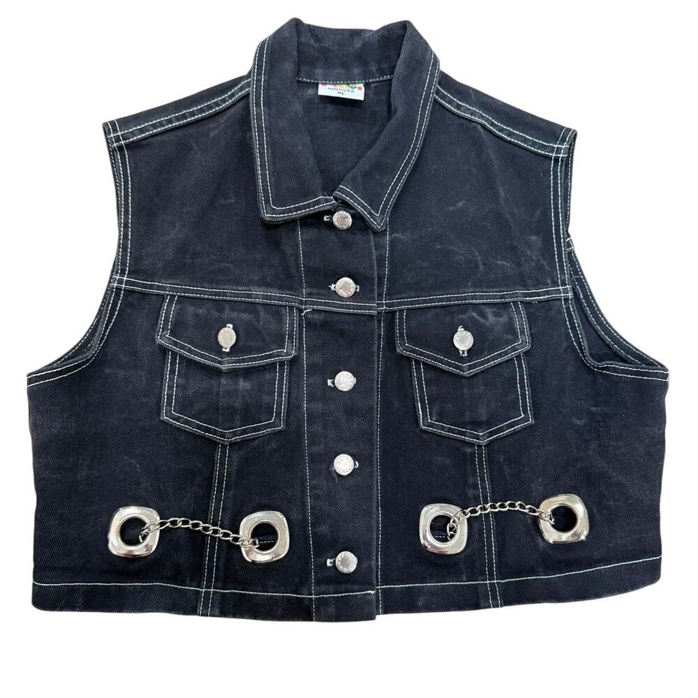 Vintage 1980s Black Distressed Chain Biker Moto Goth Grunge Jean Vest XL
